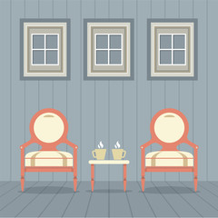 Vintage Chairs Set With Coffee Under Three Windows Vector Illustration