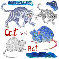 Design set with isolated illustrations of cat and rat or mouse