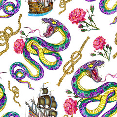 Seamless background with snake, ship and rose