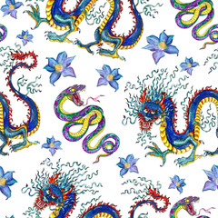 Obraz premium Seamless background with dragon, snake and flower