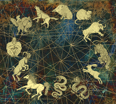 Mystic background with chinese zodiac animals and copyspace