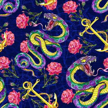 Fantasy seamless background with snake, roses and anchor