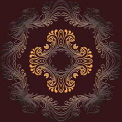 Beautiful floral ornament in light and dark brown colors on a dark red background