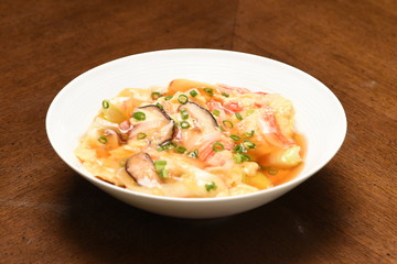 Japanese Kani soup with mushroom and meat on the table
