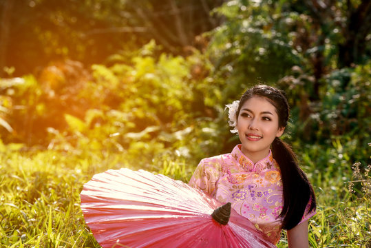 Asia,Beautiful girl China portrait Pink dress traditional