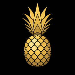 Pineapple gold icon. Tropical fruit, isolated on black background. Symbol of food, sweet, exotic and summer, vitamin, healthy. Nature logo. 3D concept. Design element Vector illustration