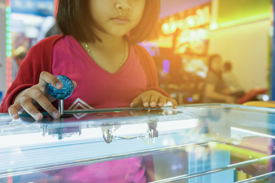 Close up hand control joystick of arcade,Vintage tone,Close up J