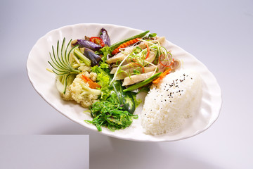 Kung Pao Chicken, Chicken Rice Scallion with vegetable on white