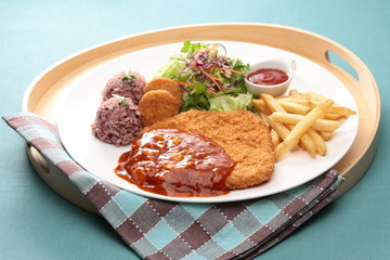 Assorted pork cutlet with cripsy potato, rice, salad and chili s