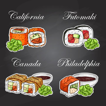 Vector sushi color sticker, set