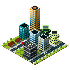 Set of buildings in downtown. Isometric city map.