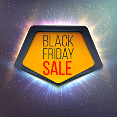 Black Friday sale paper banner with frame and glowing rays (lights). Vector illustration