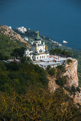 Fototapeta na wymiar Top view Church of Holy Resurrection on Black sea coast, Crimea, Russia