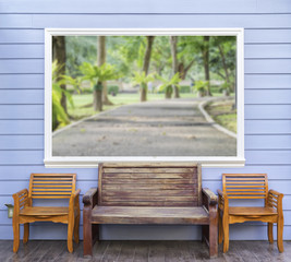 Three chairs with blur location picture in frame.