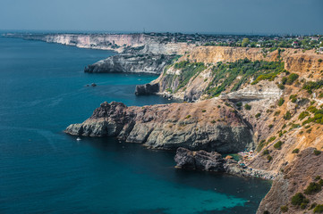 The coast at the cape Fiolent. Top view on sea and rocks. Crimea