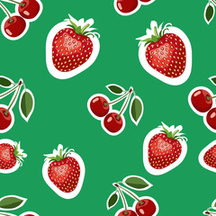 Pattern of realistic image of delicious strawberries and cherry different sizes. Green background