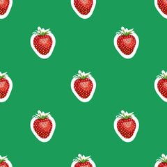 Pattern of realistic image of delicious ripe strawberries same sizes. Green background