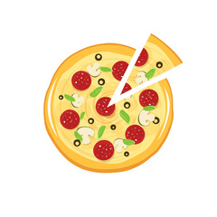 Pizza vector icon isolated on white background, flat cartoon pizza and pizza slice cut illustration