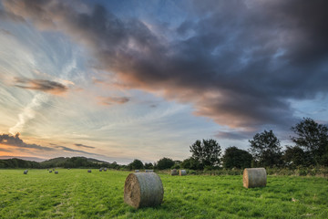 Beautiful Summer vibrant sunset over countryside landscape of fi