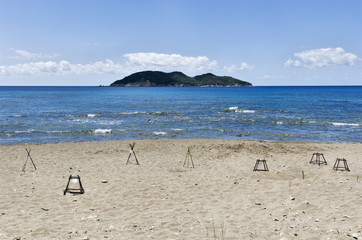 Island of Zakynthos Greece, National Marine Park, Dafni beach, Caretta turtle nest protection, on the bottom, the Pelouzo island