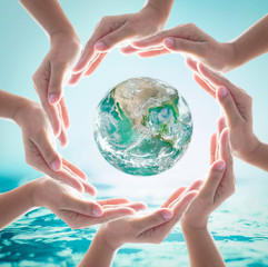 Collaborative female human hands on blurred wavy clean water background: Saving water clean natural environment ocean concept/ campaign: Love earth, save water conceptual idea/ sign