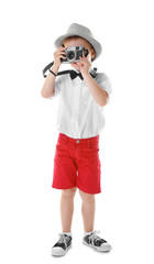 Little boy with vintage camera isolated on white