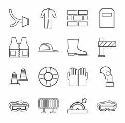Labor protection, contour icons, monochrome. Vector flat icons with protective clothing and items of human security. Dark grey linear image on a white background. 