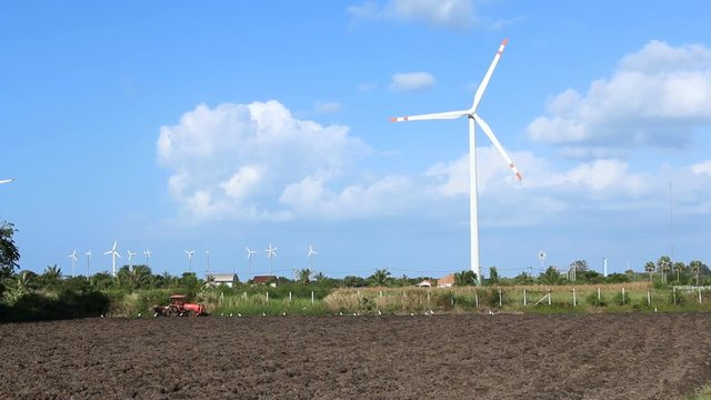 wind turbine on garden and blue sky background