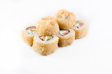 Fried seafood sushi kimbap on white background
