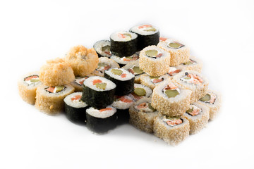 Fried seafood sushi kimbap on white background