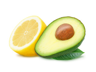 Juicy yellow slice of lemon and slice of avocado with leaf isolated on a white background. Design...