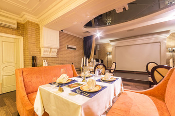 Interior of the restaurant with a stage.