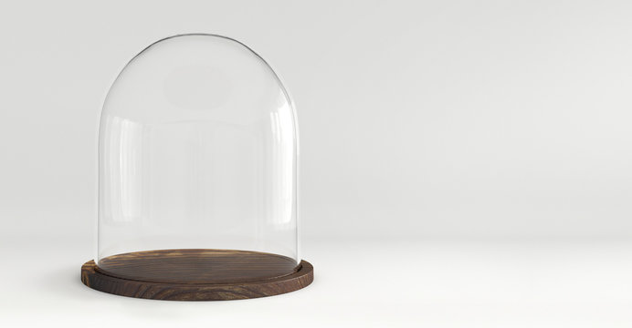 Glass Dome With Wooden Tray On White Background
