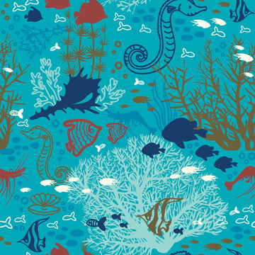 Seamless pattern with corals and fish.