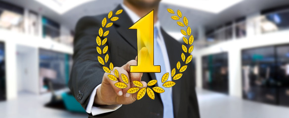 Businessman touching hand drawn winner trophy icons