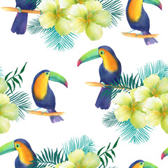 Obraz na płótnie Canvas Watercolor seamless pattern with toucans