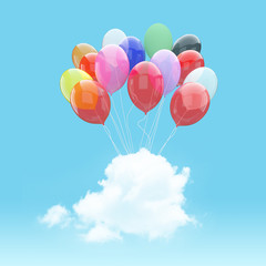 Obraz na płótnie Canvas Escape conceptual-Bunch of colorful balloons holding cloud into the sky background
