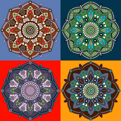Doodle style vector mandala prints on bright flat colors backgrounds.