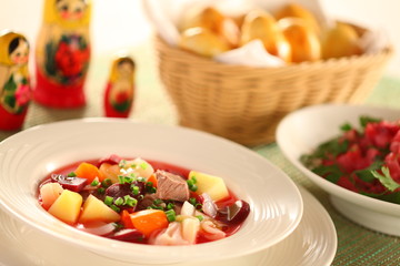 Russian style of home cooking and live cooking with beef, potato