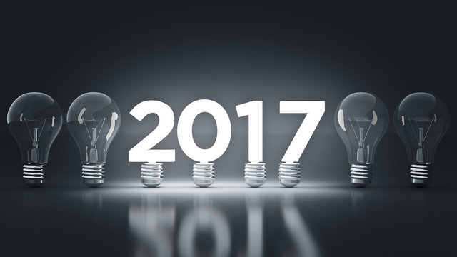 2017 New Year sign inside light bulbs. 3D rendering