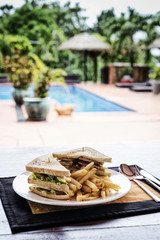 club sandwich snack with french fries on plate