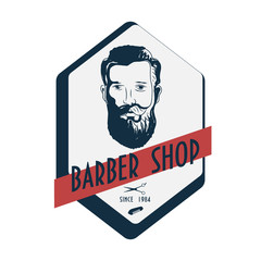 Barbershop vintage label with typography, hipster style bearded man head, small barber comb, barber scissors and three stars.