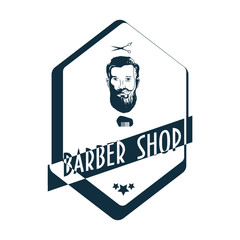 Barbershop vintage label with typography, hipster style bearded man head, small barber comb, barber scissors and three stars.