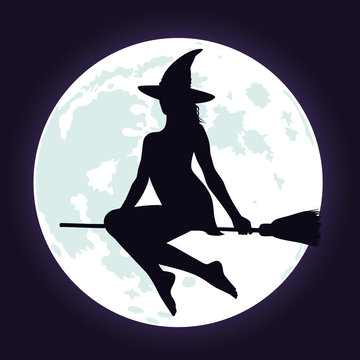 Silhouettes of witch on broomstick and moon.