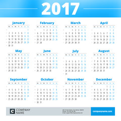 Calendar for 2017 Year. Vector Design Print Template with Company Logo and Contact Information. Week Starts Monday