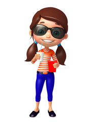 kid girl with Sunglass and soft drink popcorn