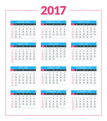 Calendar for 2017 year on white background. Vector design print template. Week starts Sunday. Stationery design