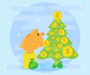 Successful investments bring profits and wealth that allows you to make gifts. Happy Pig piggybank decorate coins Christmas tree. Flat style