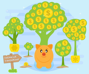 Financial consultations on the creation of cash flows for the accumulation of wealth. Happy pig piggybank sitting on a background of money trees. Successful investments and stable profits. Flat style