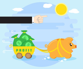 Obraz premium Management and control of the resulting profits. Businessman hand shows the way, the direction of motion of a happy pig piggybank, which carries a profit. Flat style